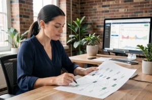Une professionnelle analyse un diagramme de sitemap web sur son bureau dans un espace de co-working moderne
