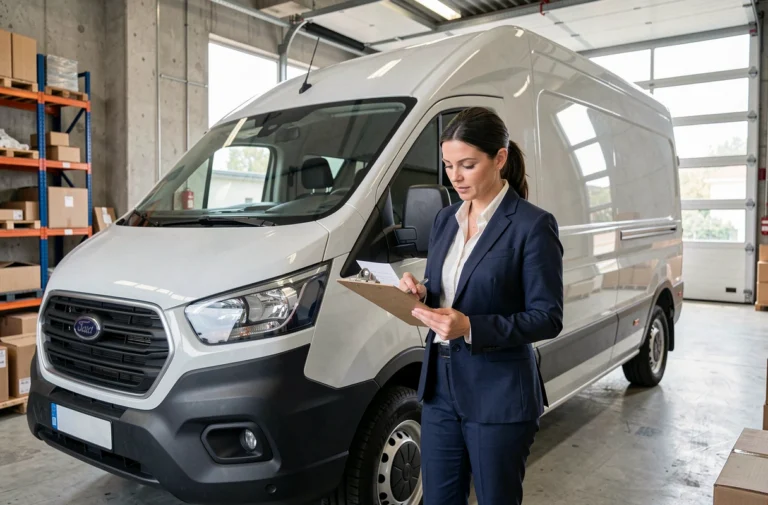 Responsable logistique féminine consultant des documents de transport devant un véhicule utilitaire blanc dans un entrepôt professionnel