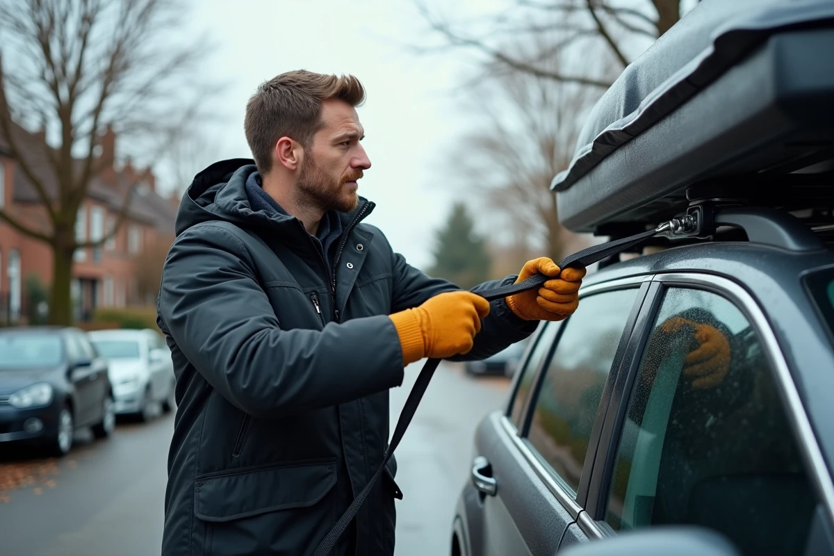 Un homme utilise des sangles à cliquet pour sécuriser un sommier sur le toit d'un SUV, plutôt que d'utiliser de la corde.