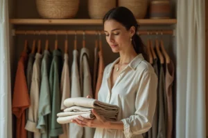 Femme inspectant des vêtements éthiques en lin naturel dans un dressing minimaliste organisé aux tons terreux