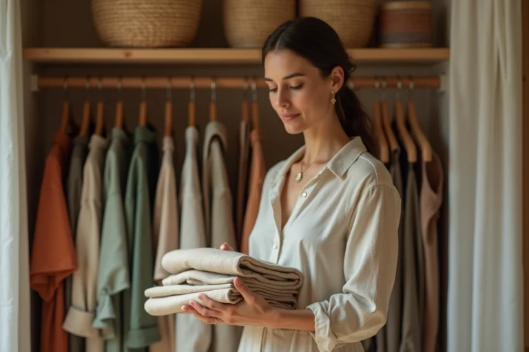 Femme inspectant des vêtements éthiques en lin naturel dans un dressing minimaliste organisé aux tons terreux