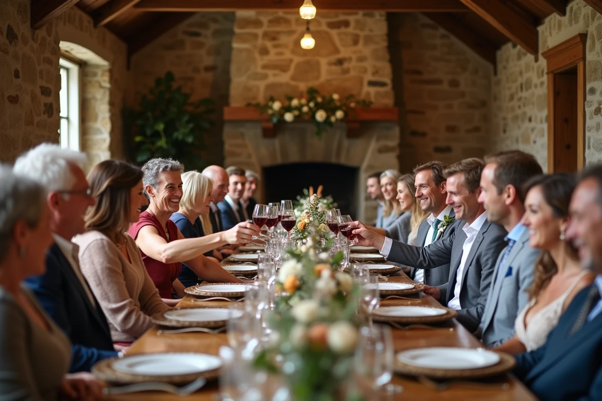 Groupe d’amis et famille autour d’une table de mariage