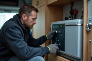 Technicien lisant un code erreur sur un système de chauffage Truma Combi dans un camping-car