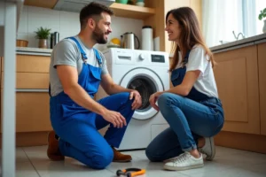 Technicien en overalls bleus avec lave-linge dans cuisine accueillante