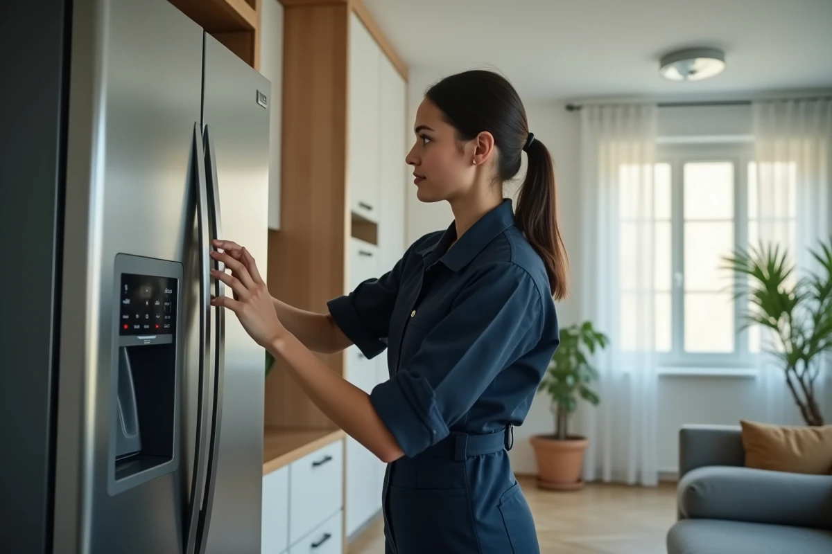 Jeune technicien inspectant un refrigerateur dans salon moderne