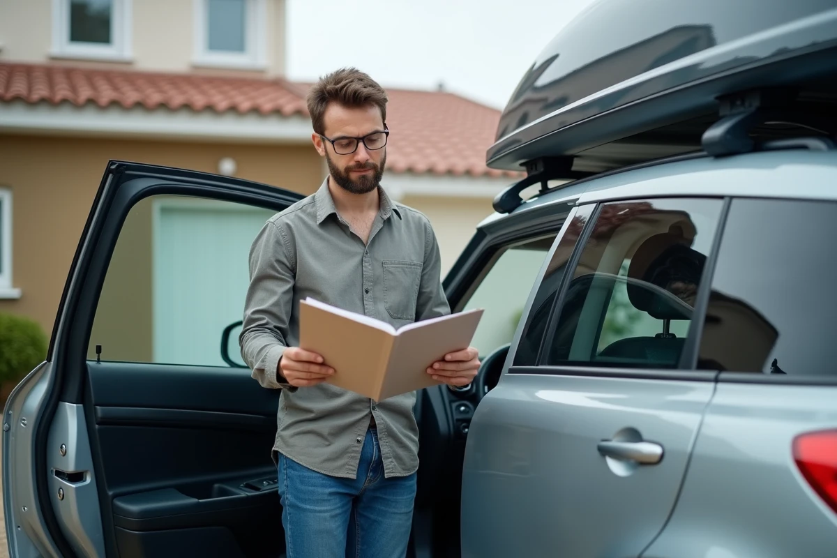 Un homme consulte le manuel de son véhicule pour vérifier la capacité de charge maximale du toit avant de charger un sommier.
