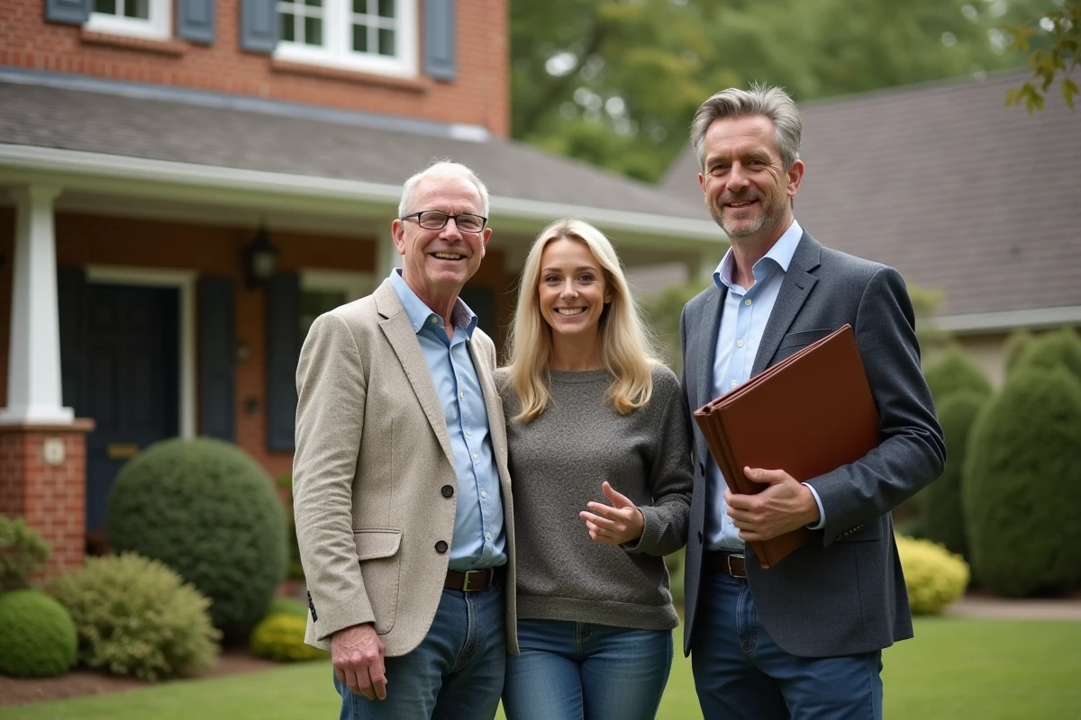Consultant immobilier avec famille devant maison de banlieue