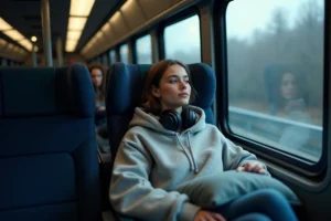 Jeune femme installée confortablement dans un bus de nuit BlaBlaCar avec un coussin de voyage et un casque audio